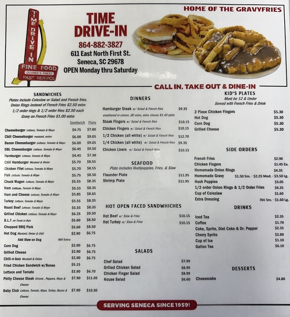 Comfort food menu with dessert and drinks.